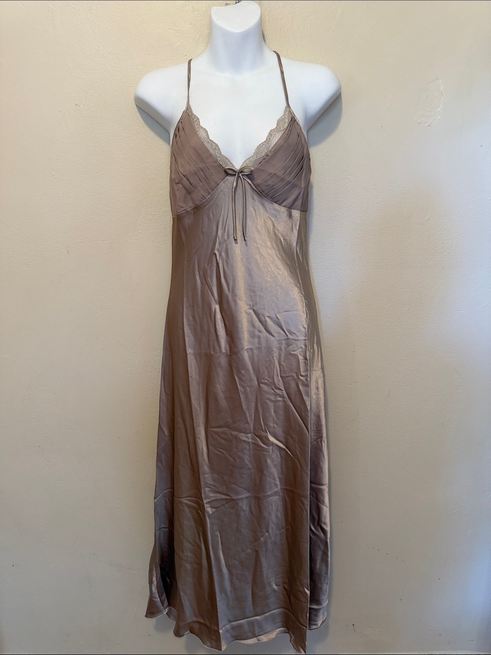 Lace-Trim Satin Slip Dress in Taupe
